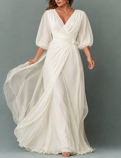 Chiffon 3/4 Sleeve Balloon Sleeve Maxi Dress