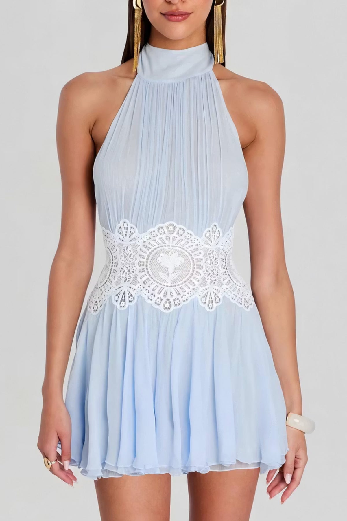 Chiffon Halter Lace Trim Mini Dress