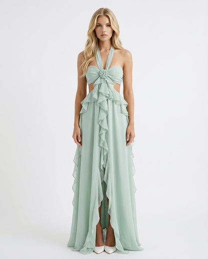 Chiffon Halter Ruffle Maxi Dress