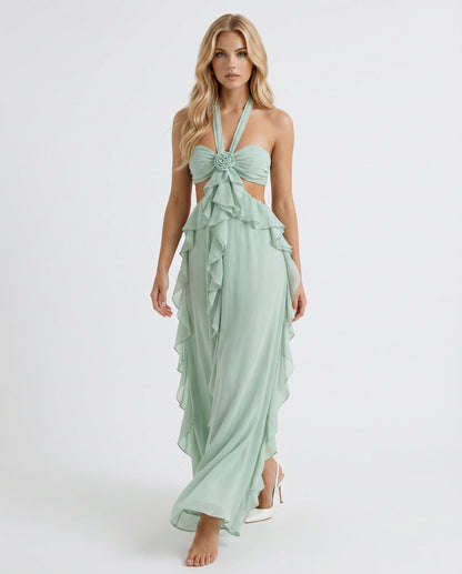 Chiffon Halter Ruffle Maxi Dress
