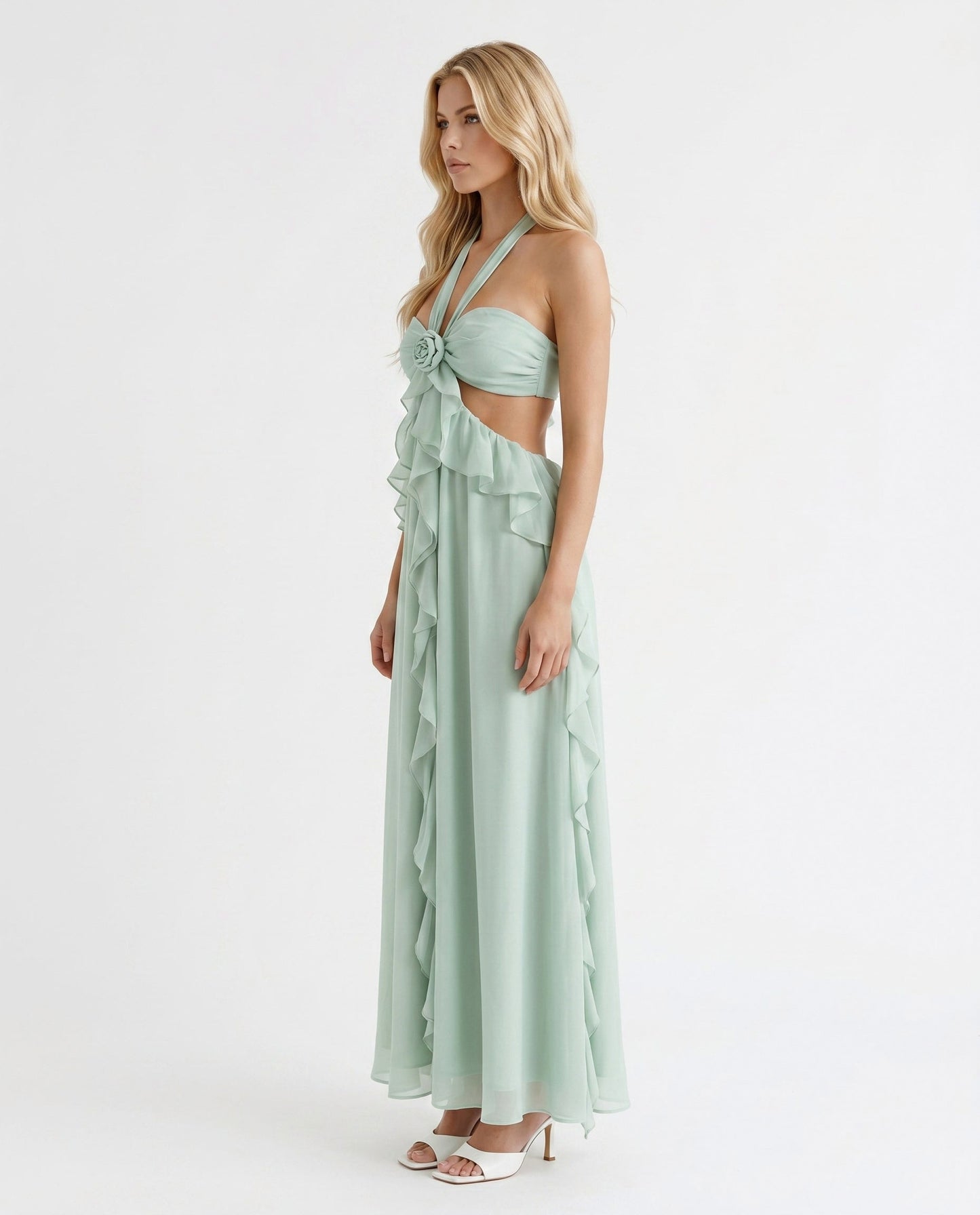 Chiffon Halter Ruffle Maxi Dress