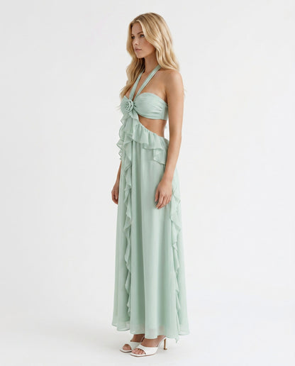 Chiffon Halter Ruffle Maxi Dress