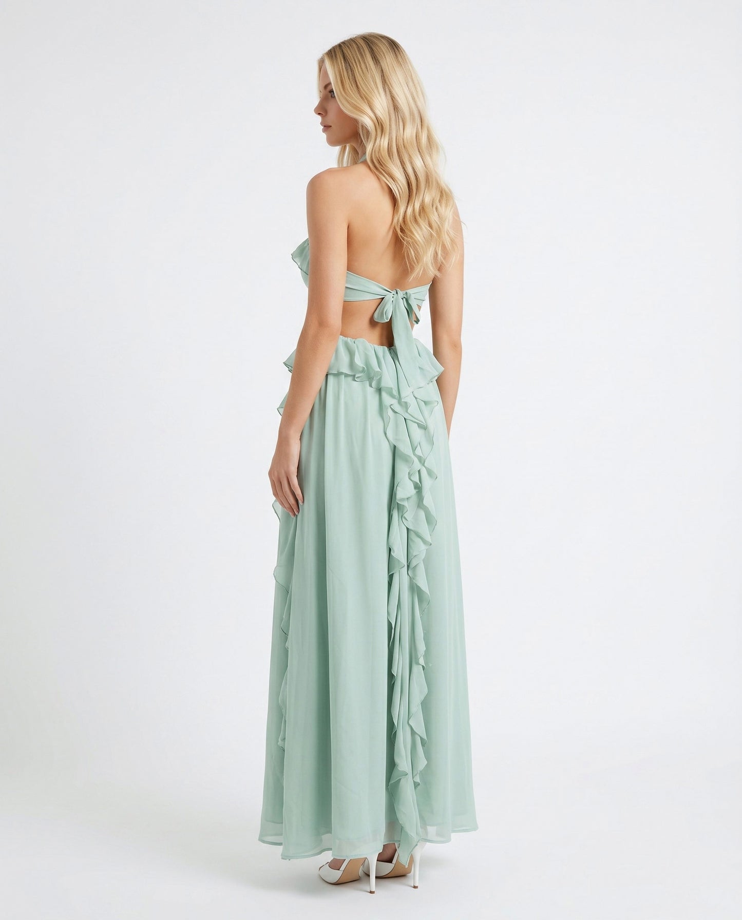Chiffon Halter Ruffle Maxi Dress