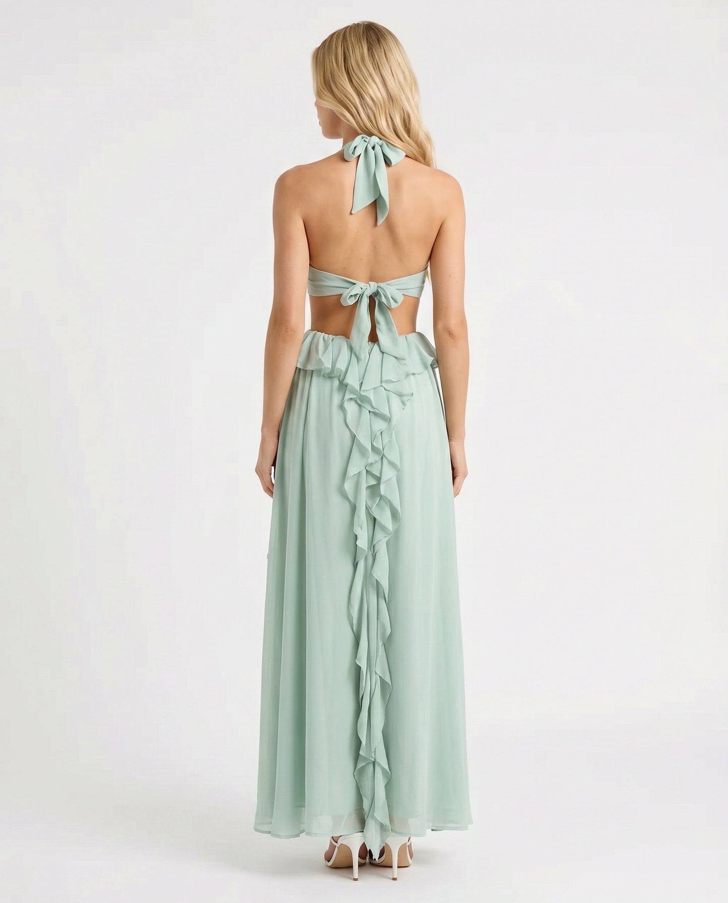 Chiffon Halter Ruffle Maxi Dress