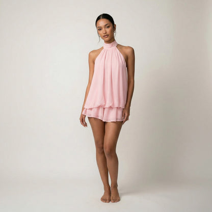 Chiffon Halter Tiered Mini Dress