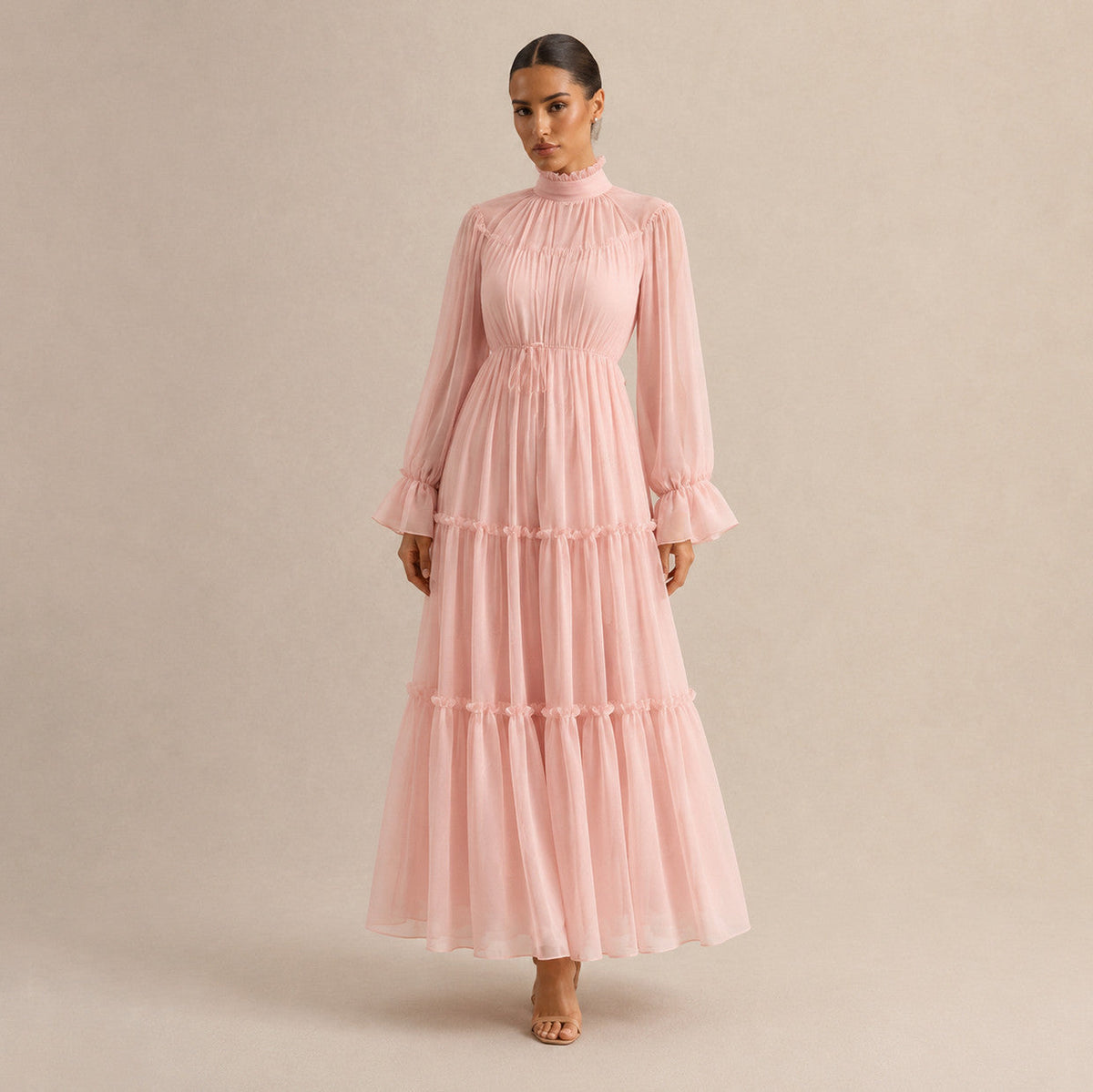 Chiffon Long Sleeve High Neck Tiered Maxi Dress