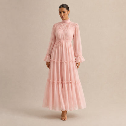 Chiffon Long Sleeve High Neck Tiered Maxi Dress