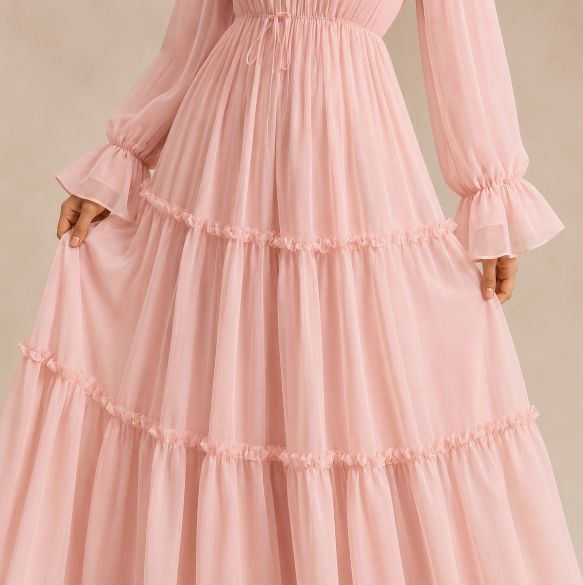 Chiffon Long Sleeve High Neck Tiered Maxi Dress