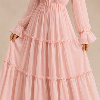 Chiffon Long Sleeve High Neck Tiered Maxi Dress