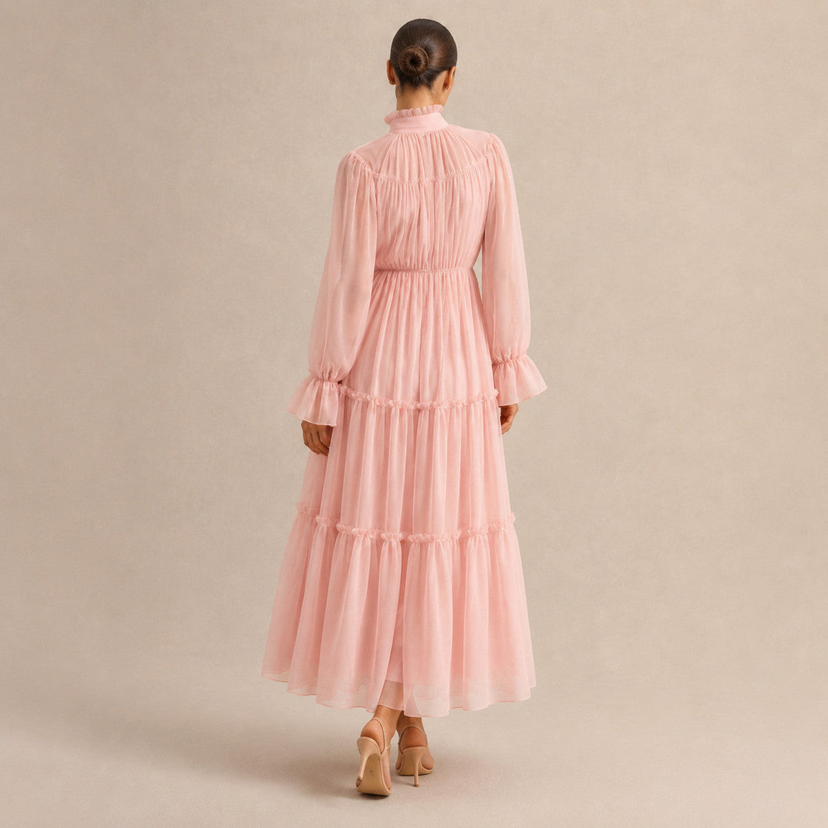 Chiffon Long Sleeve High Neck Tiered Maxi Dress