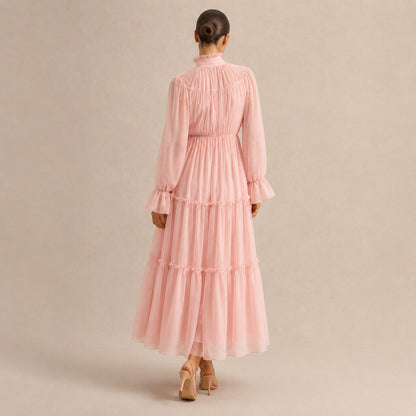 Chiffon Long Sleeve High Neck Tiered Maxi Dress
