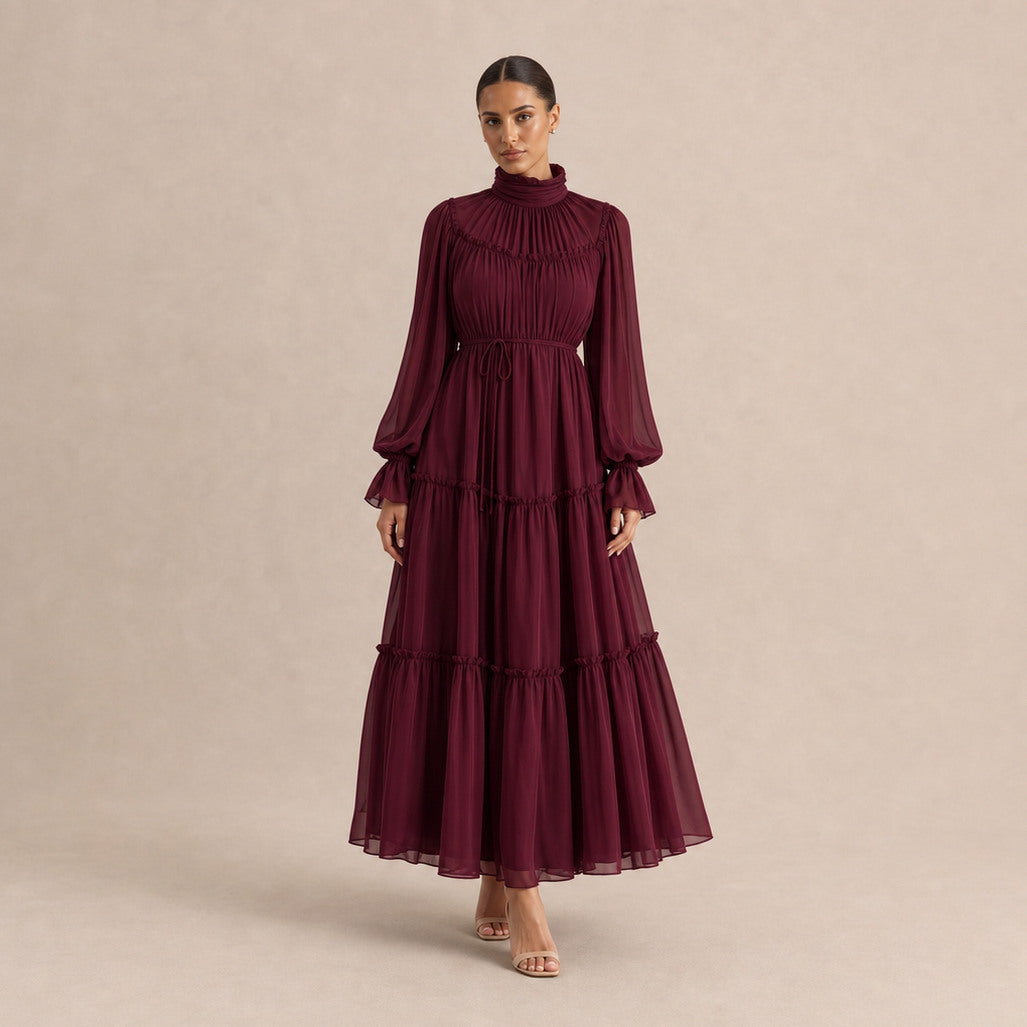 Chiffon Long Sleeve High Neck Tiered Maxi Dress