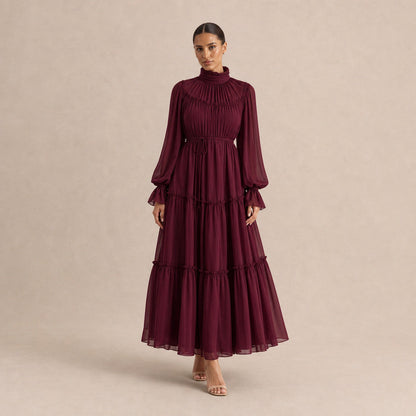 Chiffon Long Sleeve High Neck Tiered Maxi Dress