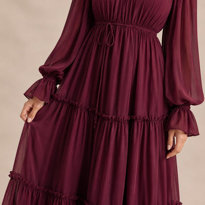 Chiffon Long Sleeve High Neck Tiered Maxi Dress