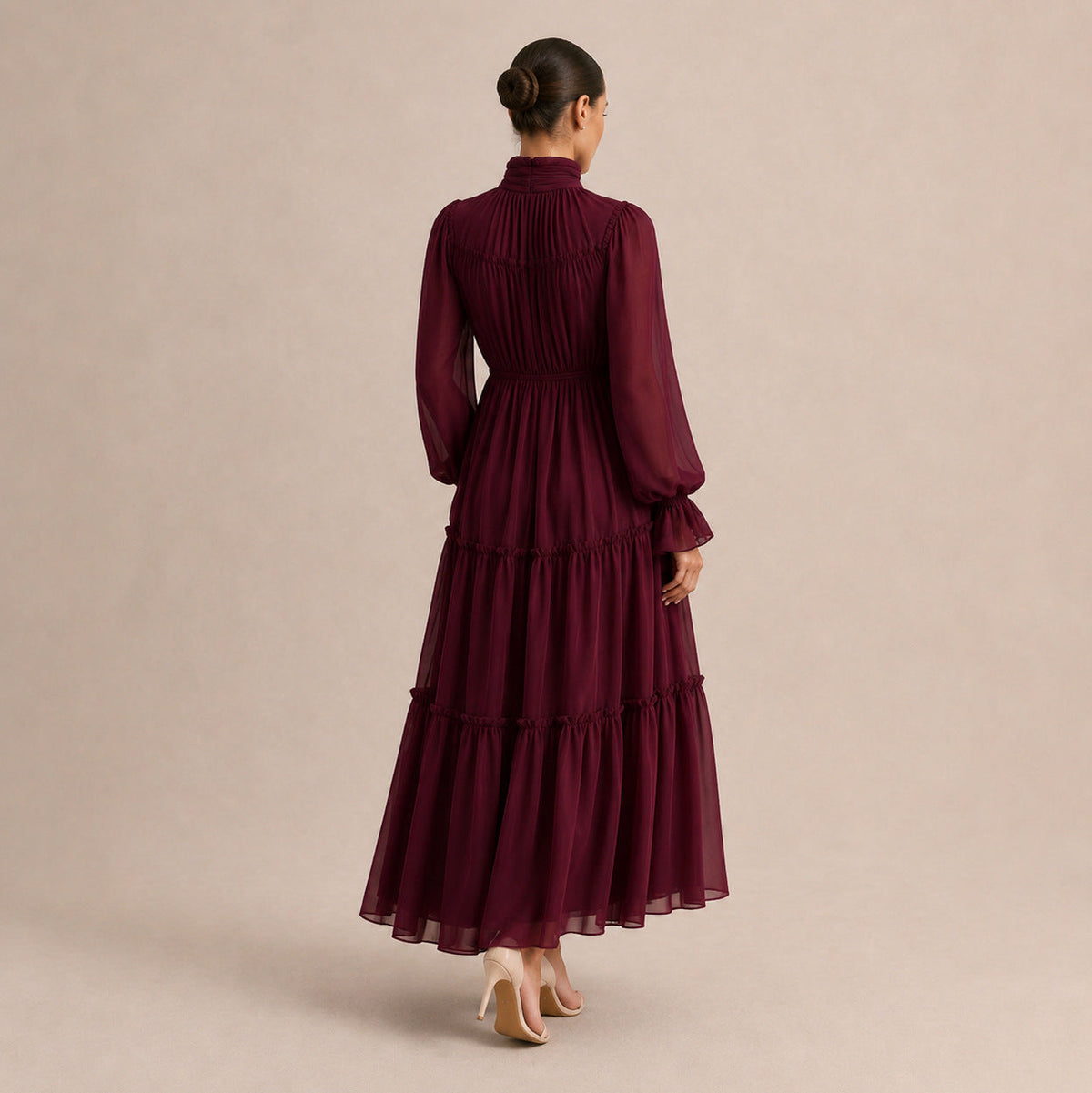 Chiffon Long Sleeve High Neck Tiered Maxi Dress