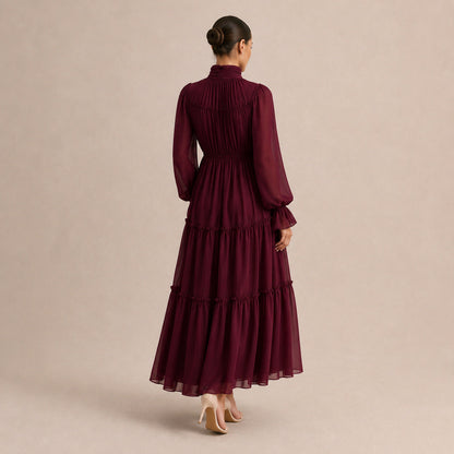 Chiffon Long Sleeve High Neck Tiered Maxi Dress