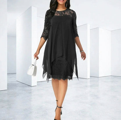 Chiffon Lace 3/4 Sleeve Overlay Midi Dress