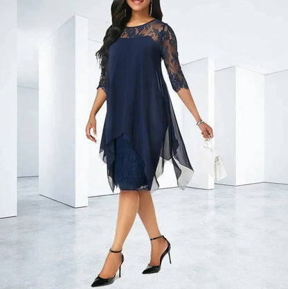 Chiffon Lace 3/4 Sleeve Overlay Midi Dress