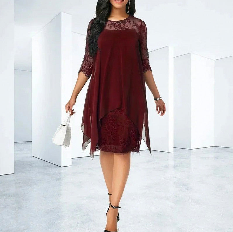Chiffon Lace 3/4 Sleeve Overlay Midi Dress