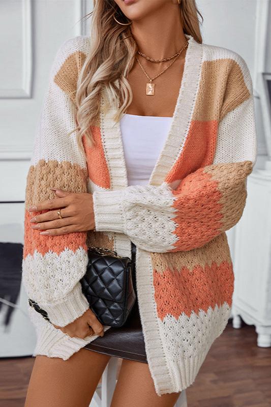 Women's relaxed-fit open-front knit cardigan featuring colour-blocked stripes in white, tan, and coral with pointelle detailing and ribbed trims.