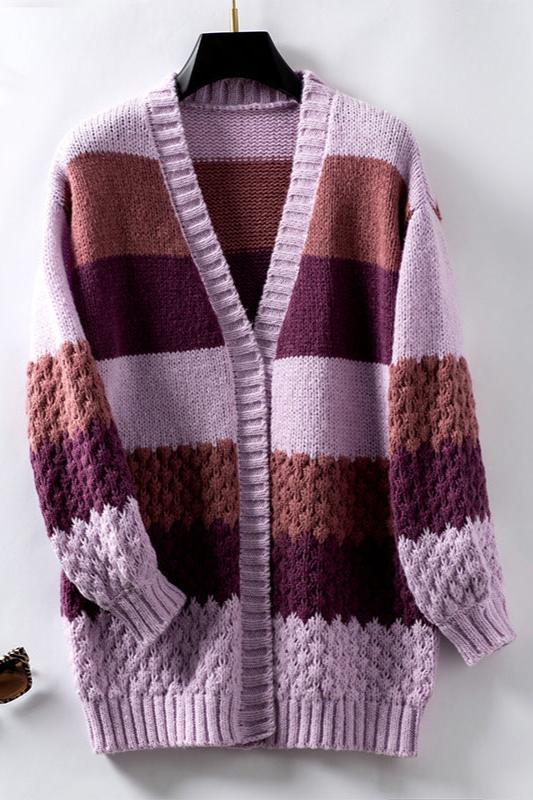 Purple - Women's relaxed-fit open-front knit cardigan featuring colour-blocked stripes in white, tan, and coral with pointelle detailing and ribbed trims.
