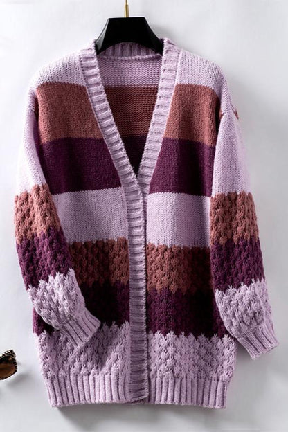 Purple - Women's relaxed-fit open-front knit cardigan featuring colour-blocked stripes in white, tan, and coral with pointelle detailing and ribbed trims.