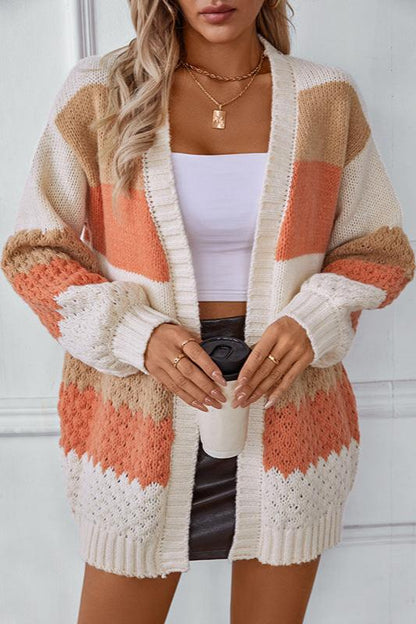 Purple - Women's relaxed-fit open-front knit cardigan featuring colour-blocked stripes in white, tan, and coral with pointelle detailing and ribbed trims.