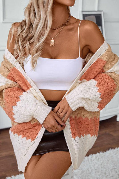 Purple - Women's relaxed-fit open-front knit cardigan featuring colour-blocked stripes in white, tan, and coral with pointelle detailing and ribbed trims.