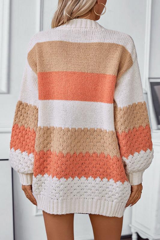 Purple - Women's relaxed-fit open-front knit cardigan featuring colour-blocked stripes in white, tan, and coral with pointelle detailing and ribbed trims.