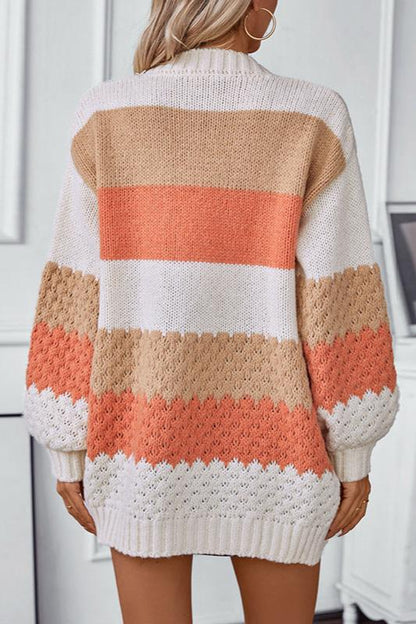 Purple - Women's relaxed-fit open-front knit cardigan featuring colour-blocked stripes in white, tan, and coral with pointelle detailing and ribbed trims.