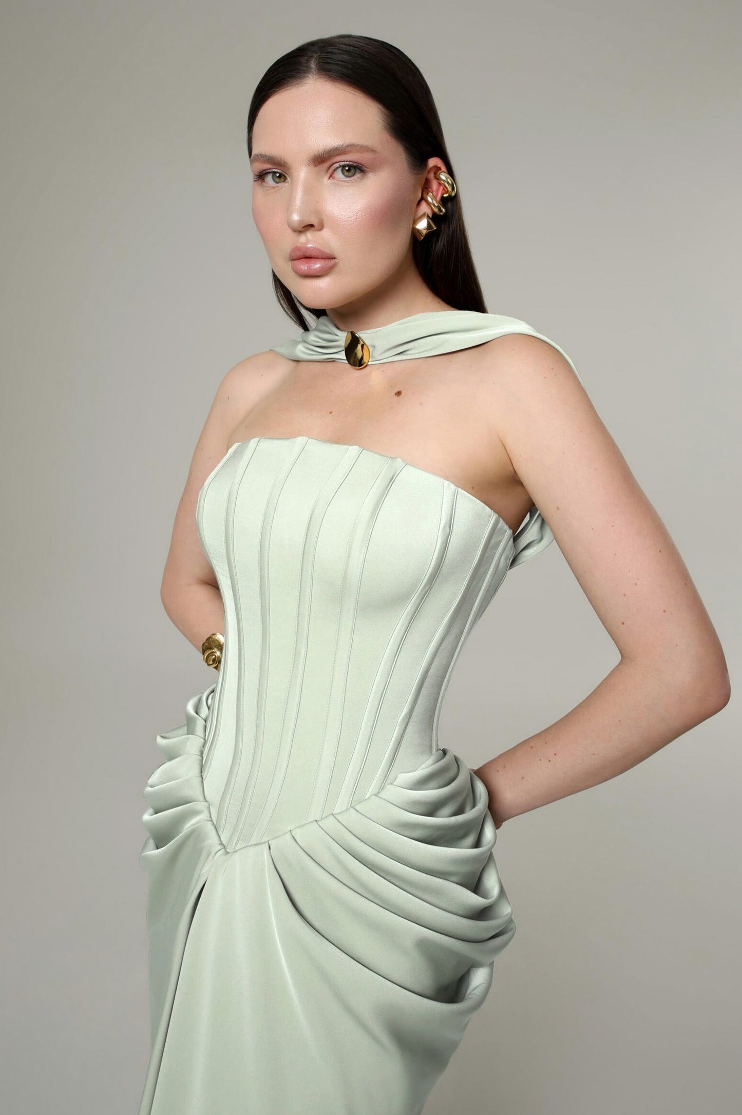 Corset Draped Satin Gown