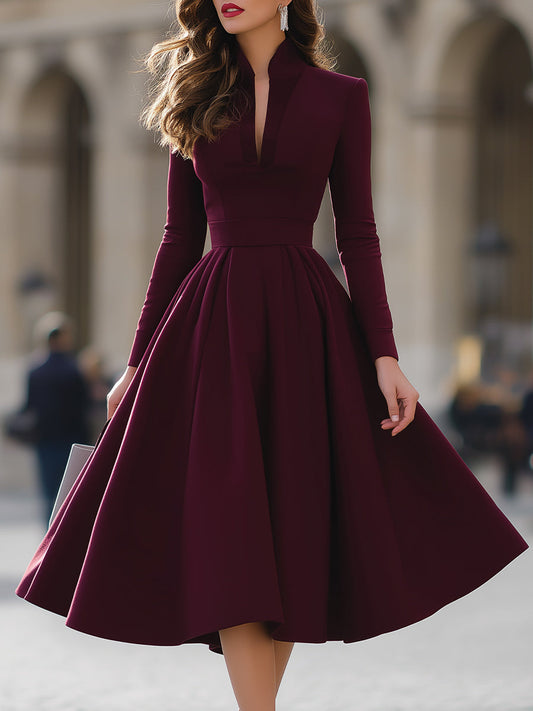 Burgundy - Burgundy crepe A-line long sleeve pleated midi dress with a plunging neckline