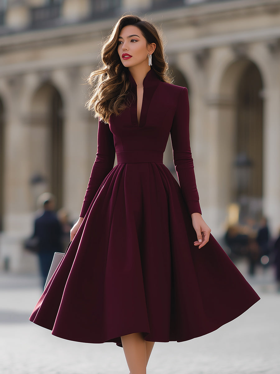 Burgundy - Burgundy crepe A-line long sleeve pleated midi dress with a plunging neckline