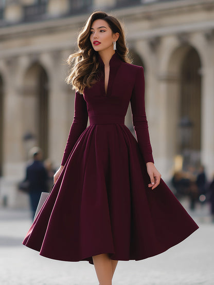Burgundy - Burgundy crepe A-line long sleeve pleated midi dress with a plunging neckline
