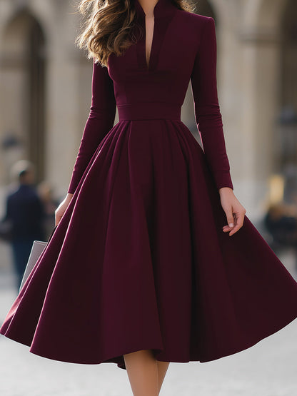 Burgundy - Burgundy crepe A-line long sleeve pleated midi dress with a plunging neckline
