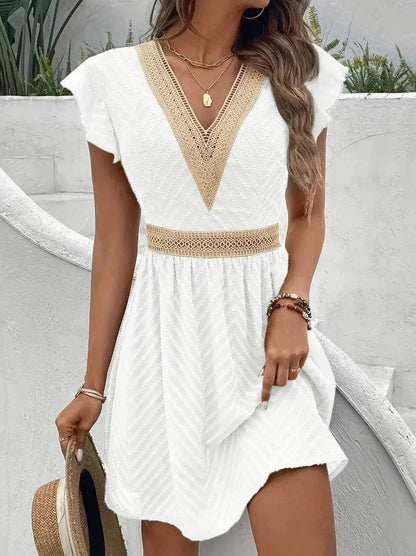 Crochet Trim Flutter Sleeve Mini Dress