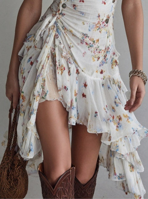 Ditsy Floral Halter Ruched Mini Dress