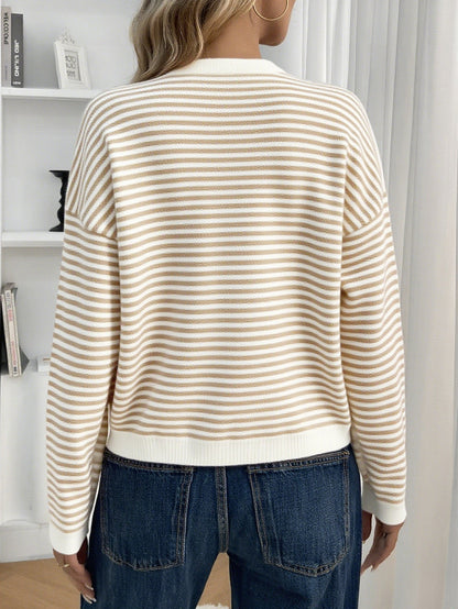 Karki - Women's smart casual relaxed knit cardigan featuring tan and white horizontal stripes, a button-front closure, and drop shoulders.