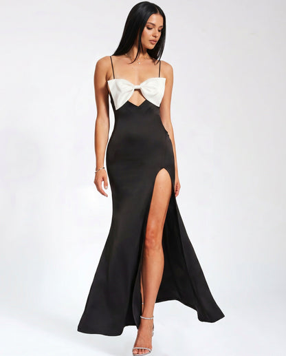 Satin Bow Cutout Slit Gown