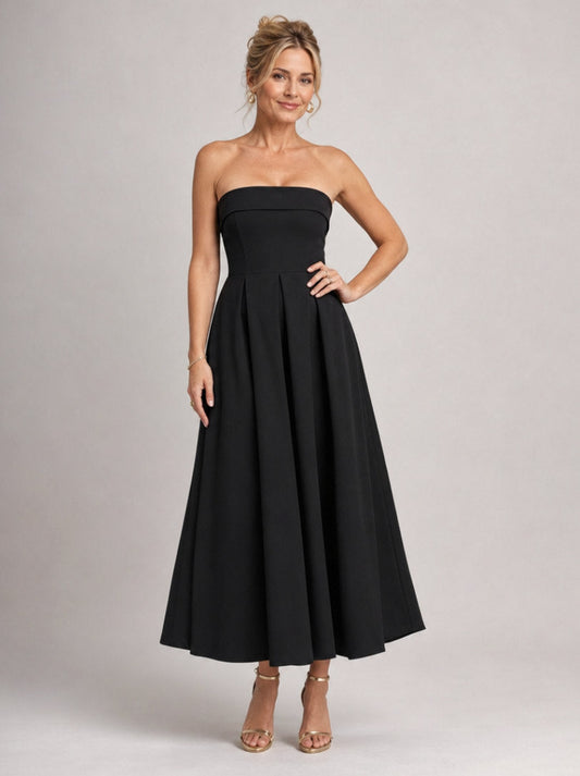 Strapless Pleated Formal Midi Dress