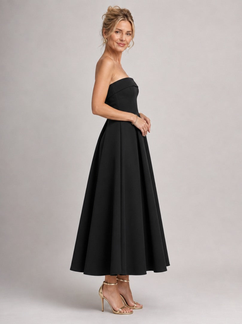 Strapless Pleated Formal Midi Dress