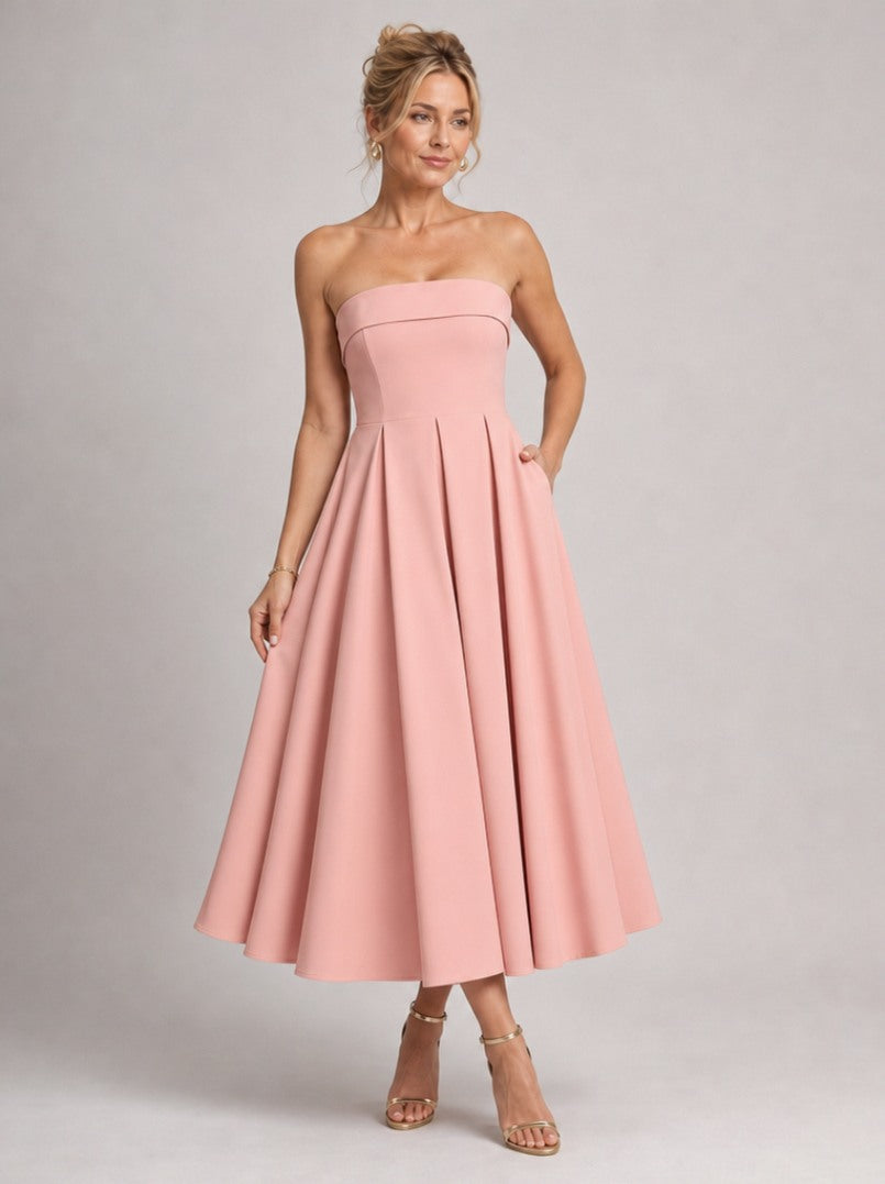 Strapless Pleated Formal Midi Dress