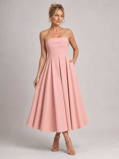 Strapless Pleated Formal Midi Dress