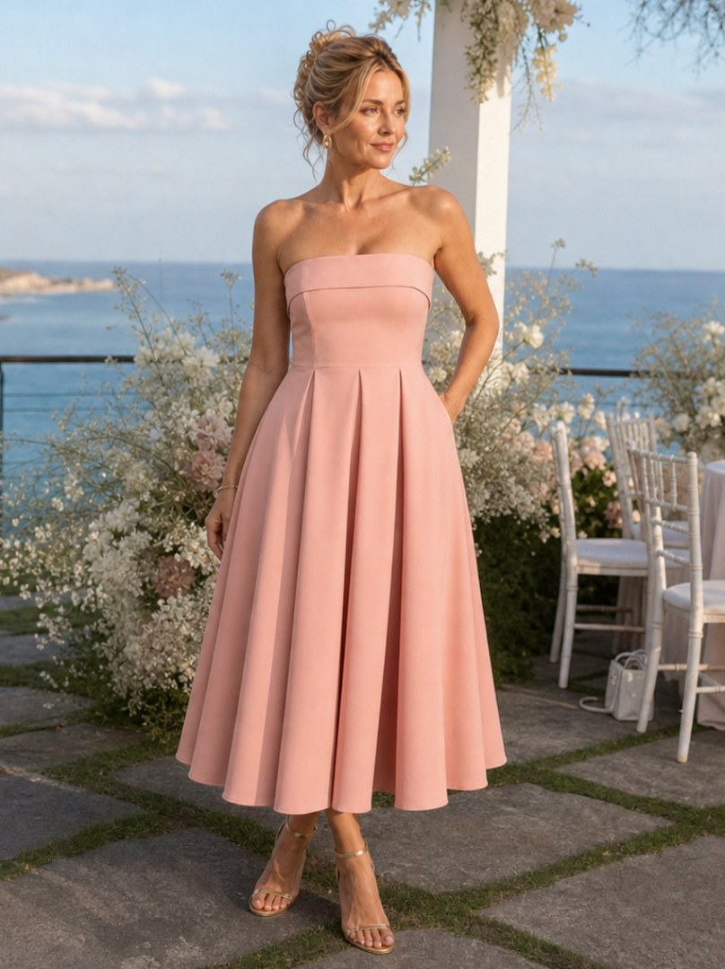Strapless Pleated Formal Midi Dress