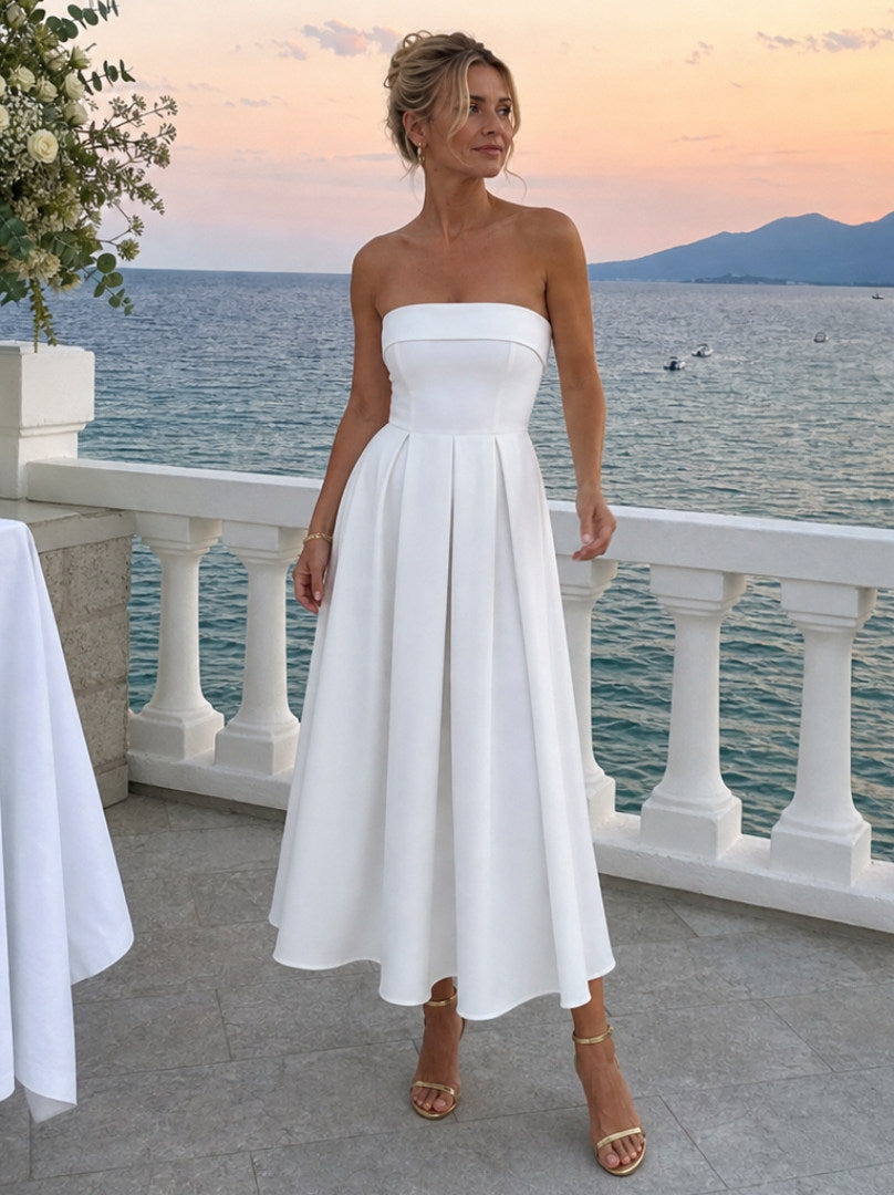 Strapless Pleated Formal Midi Dress