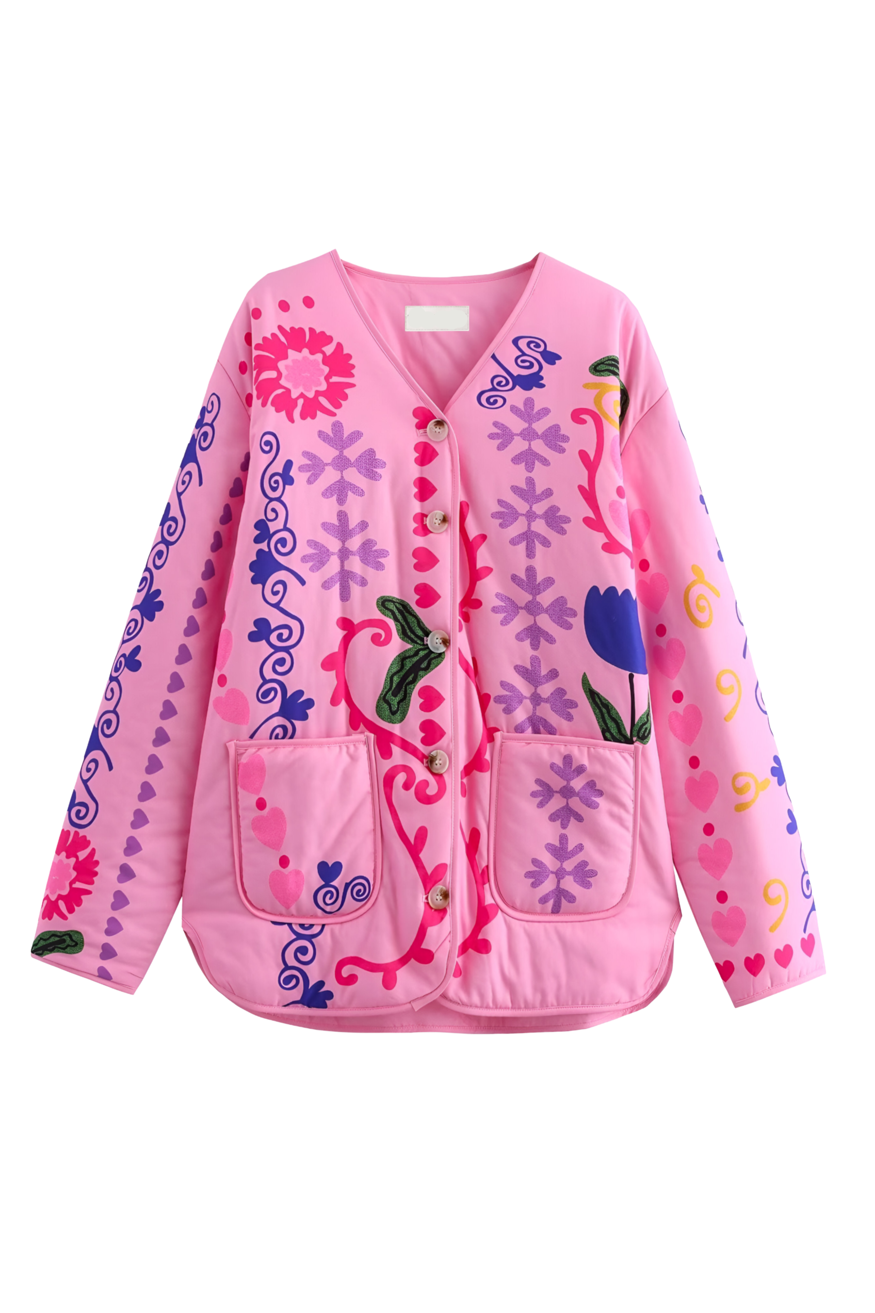 Pink - Women's pink long-sleeve relaxed-fit jacket featuring vibrant multi-coloured floral and geometric embroidery, a V-neckline, large contrasting buttons, and front patch pockets.