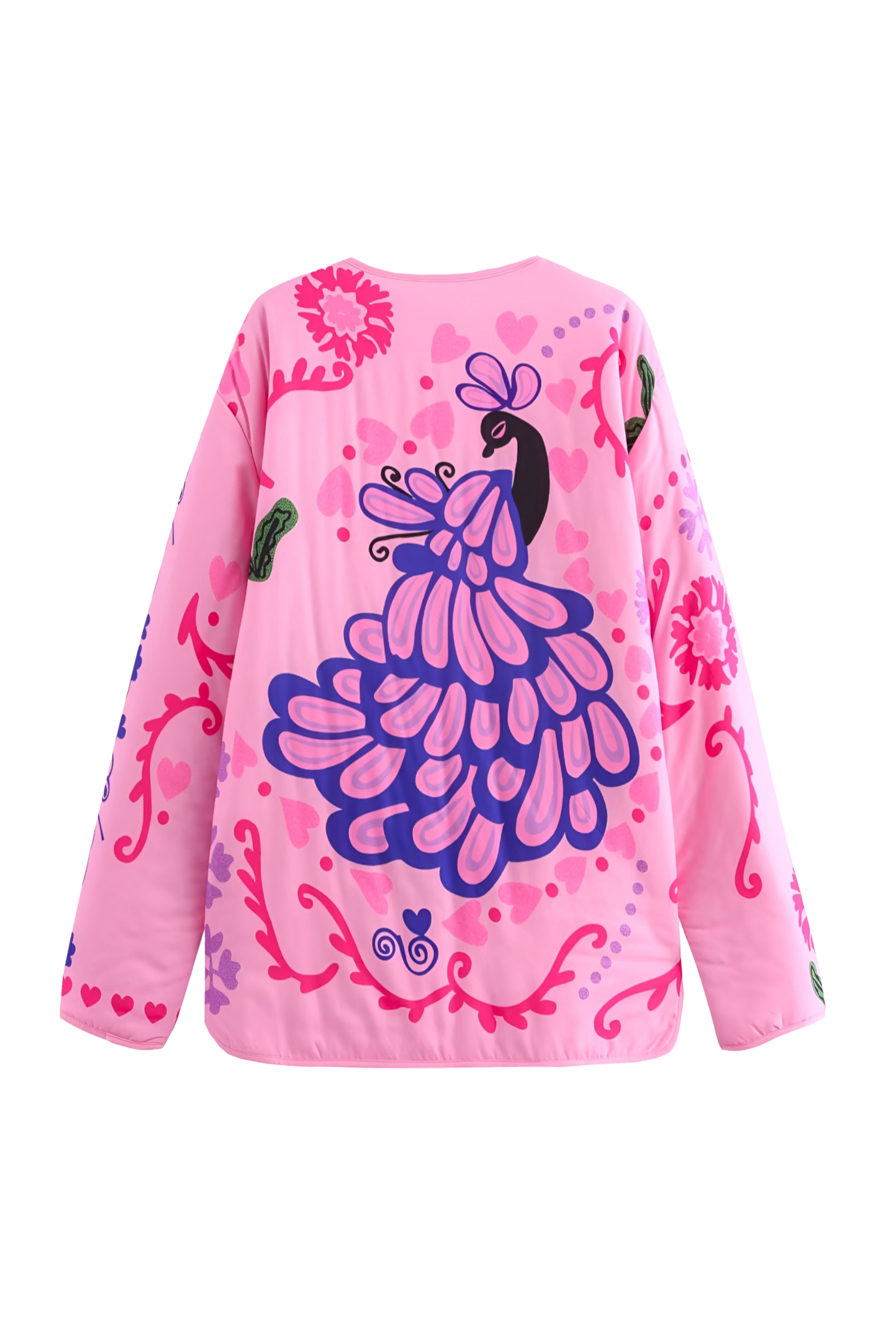 Pink - Women's pink long-sleeve relaxed-fit jacket featuring vibrant multi-coloured floral and geometric embroidery, a V-neckline, large contrasting buttons, and front patch pockets.