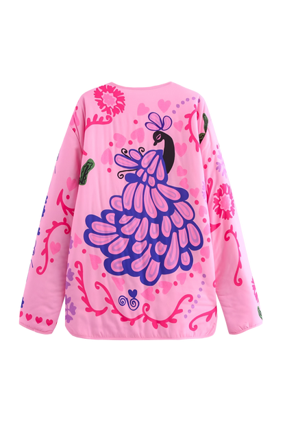 Pink - Women's pink long-sleeve relaxed-fit jacket featuring vibrant multi-coloured floral and geometric embroidery, a V-neckline, large contrasting buttons, and front patch pockets.