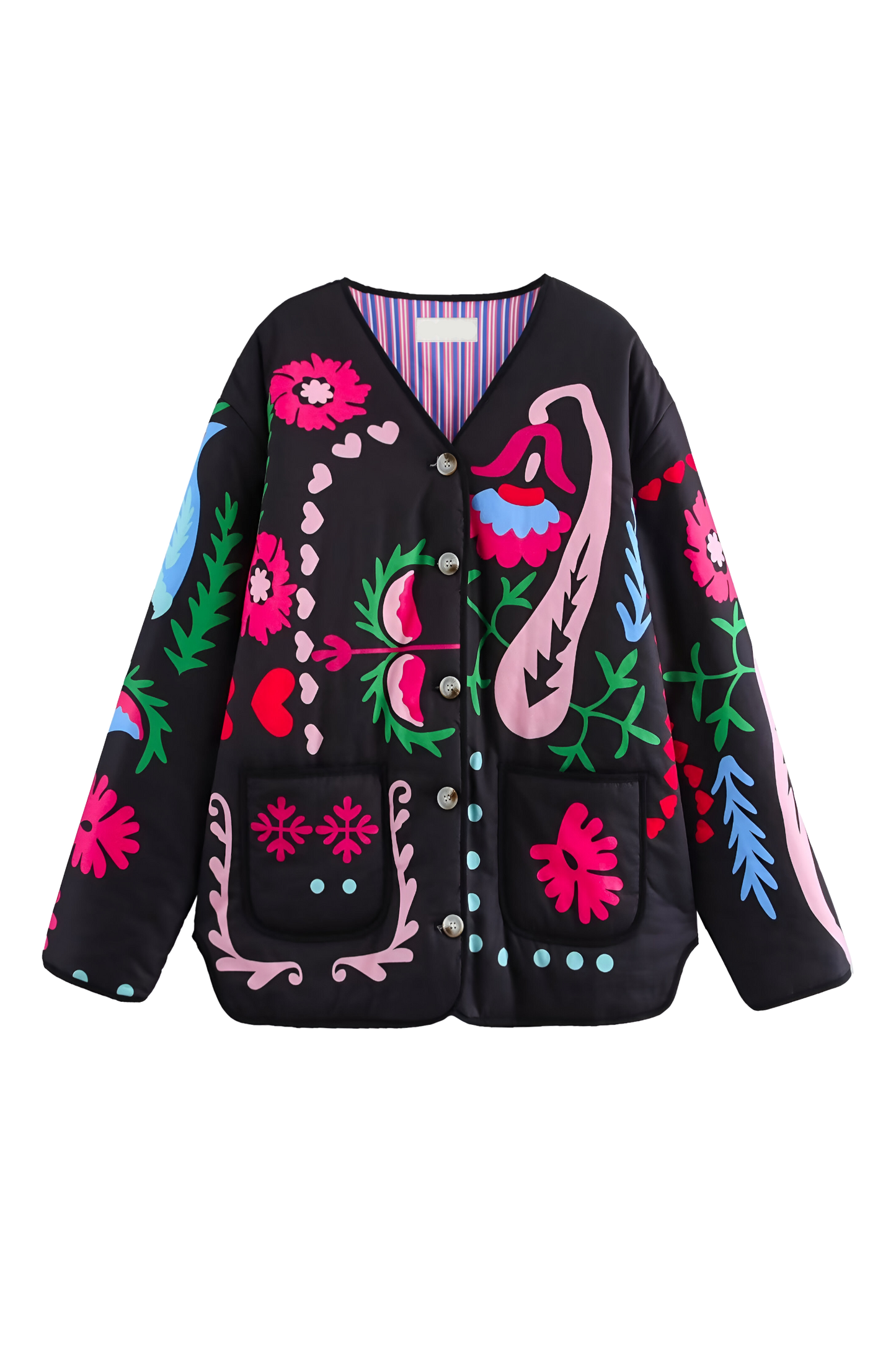 Black - Women's pink long-sleeve relaxed-fit jacket featuring vibrant multi-coloured floral and geometric embroidery, a V-neckline, large contrasting buttons, and front patch pockets.