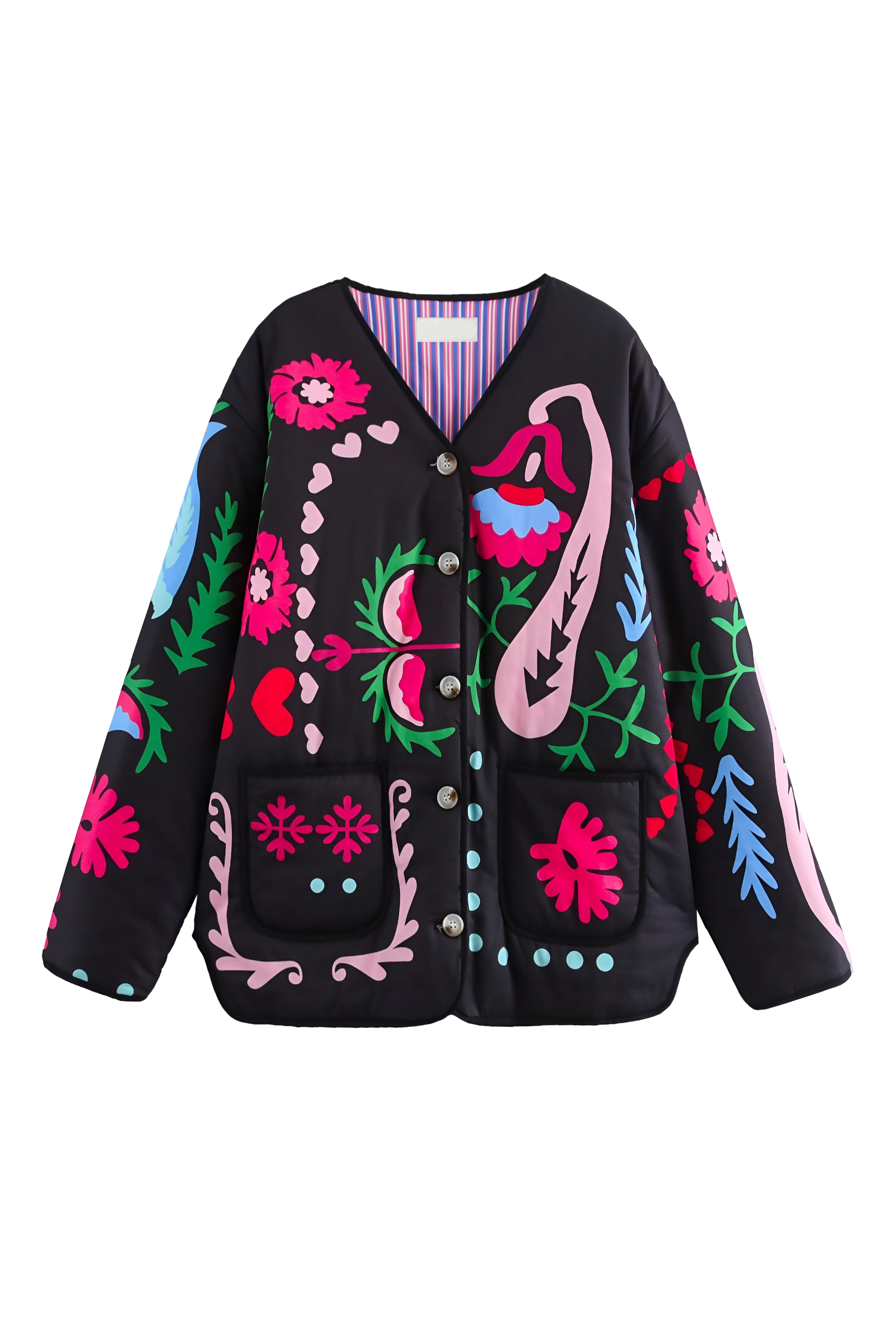 Black - Women's pink long-sleeve relaxed-fit jacket featuring vibrant multi-coloured floral and geometric embroidery, a V-neckline, large contrasting buttons, and front patch pockets.